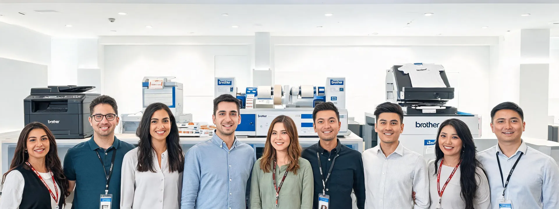 Brother support and printer team standing in a demo room