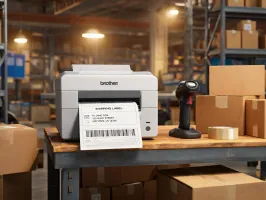 Brother shipping label printer at a packing station