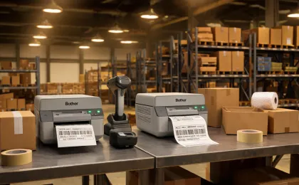 Warehouse packing station using Brother label printers