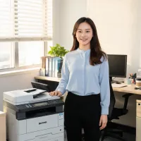 Office manager standing beside shared Brother printer