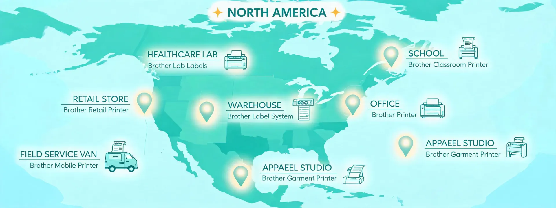 Map showing Brother printer applications across office warehouse healthcare and apparel sites