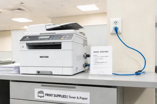 Organized Brother printer station with labels and supplies