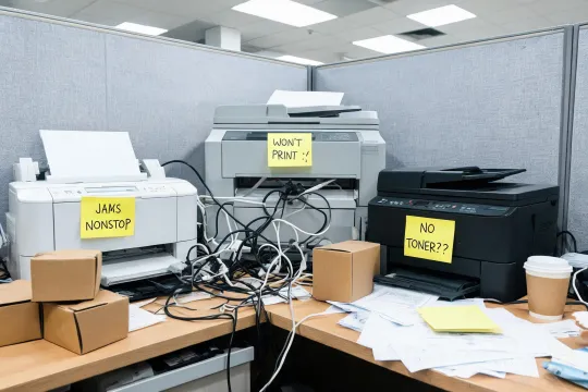 Messy printer corner with mixed devices and unlabeled supplies