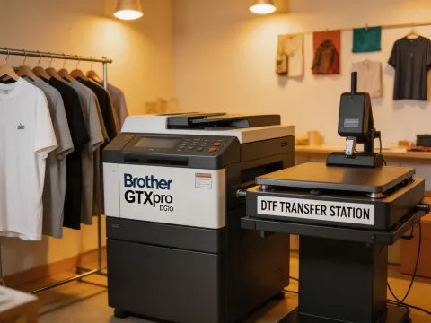 Apparel studio with a Brother GTXpro DTG printer and a DTF transfer station