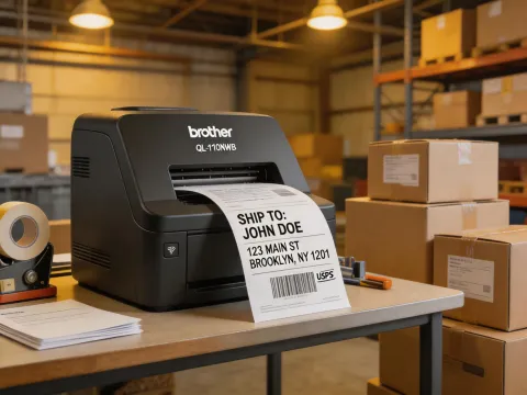 Warehouse with a Brother QL-1110NWB networked label printer at a packing station